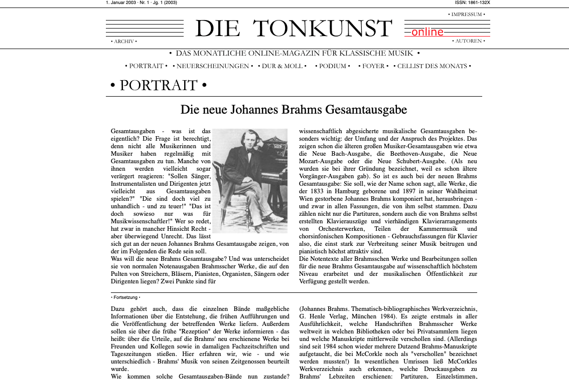 Screenshot der ersten TONKUNST-Veröffentlichung im Internet am 1. Januar 2003
